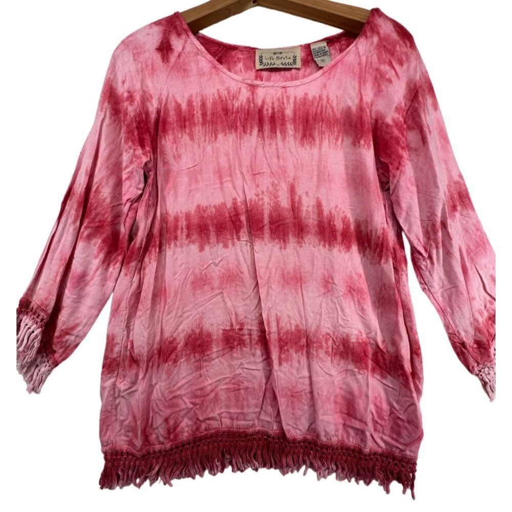 Life Style Womens Top Sz M Pink Tie Dye Fringed Boho Hippie Beachy Casual Comfy
